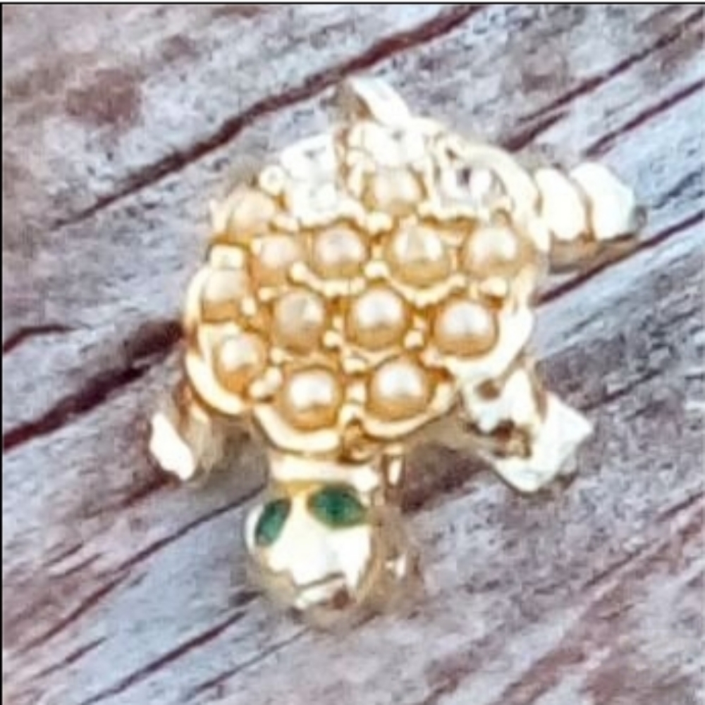 🐢 Vintage Turtle Brooch Gold Tone Rhinestone Eyes